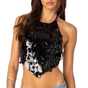 Edikted Caelia Sequin Open Back Top - Black